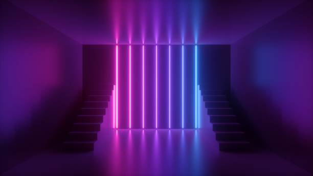 3d render, abstract neon background, pink blue glowing light, staircase in dark room