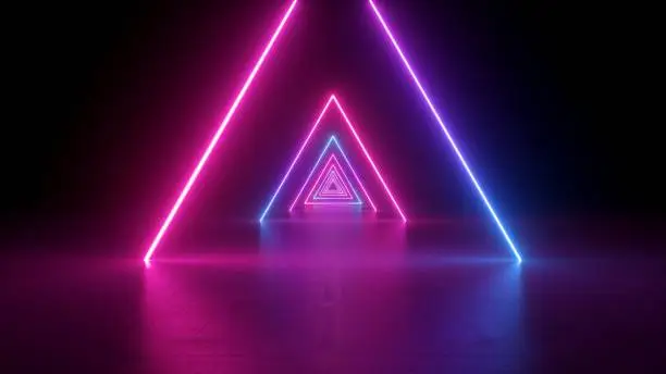 Photo of 3d render, neon light triangle, virtual reality, triangular esoteric portal, tunnel, corridor, ultraviolet abstract background, laser show stage, fashion catwalk podium, road, way, floor reflection