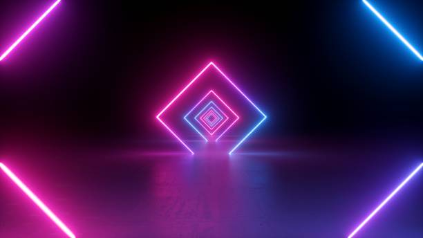 istock 3d render, neon light, rhombus, virtual reality, square esoteric portal, tunnel, corridor, ultraviolet abstract background, laser show, fashion podium, path, way, stage, road, floor reflection 1149518756