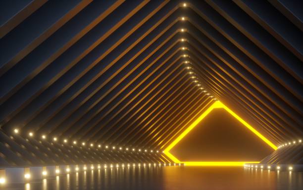 3d render, abstract background, corridor, tunnel, virtual reality space, yellow neon lights, fashion podium, club interior, empty warehouse, floor reflection