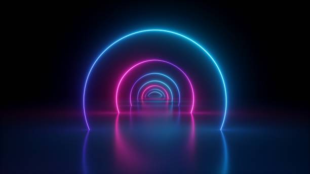 istock 3d render, virtual reality environment, neon light, round portal, rings, circles, tunnel, ultraviolet spectrum, abstract background, laser show, fashion catwalk podium, way, stage, floor reflection 1149518835
