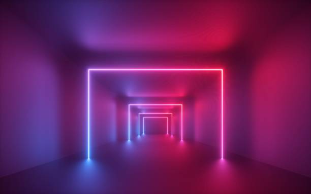 istock 3d render, red blue neon light, square arch, illuminated corridor, tunnel, empty room, virtual space, ultraviolet light, 80's retro style, fashion show stage, abstract background 1149518859