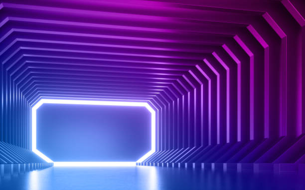 istock 3d render, abstract ultraviolet background, empty room, purple blue corridor, violet tunnel, virtual reality space, screen, club stage, floor reflection 1149518898