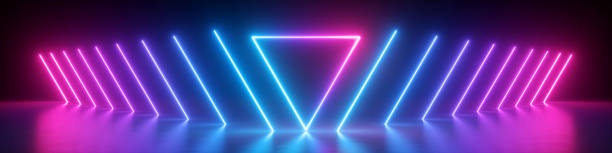 3d レンダリング、抽象的なパノラマの背景、ネオンライト、光る線、三角形の形のシンボル、紫外線スペクトル、バーチャルリアリティ、レーザーショー - pit house ストックフォトと画像
