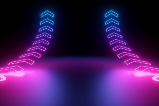 3d render, glowing neon arrows, abstract background, up, direction concept