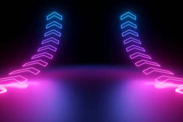 Photo of 3d render, glowing neon arrows, abstract background, up, direction concept