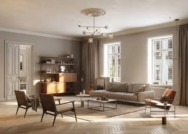 3D Rendering of large and full Furnished living Room. Computer generated image of a luxurious and modern living room interiors.