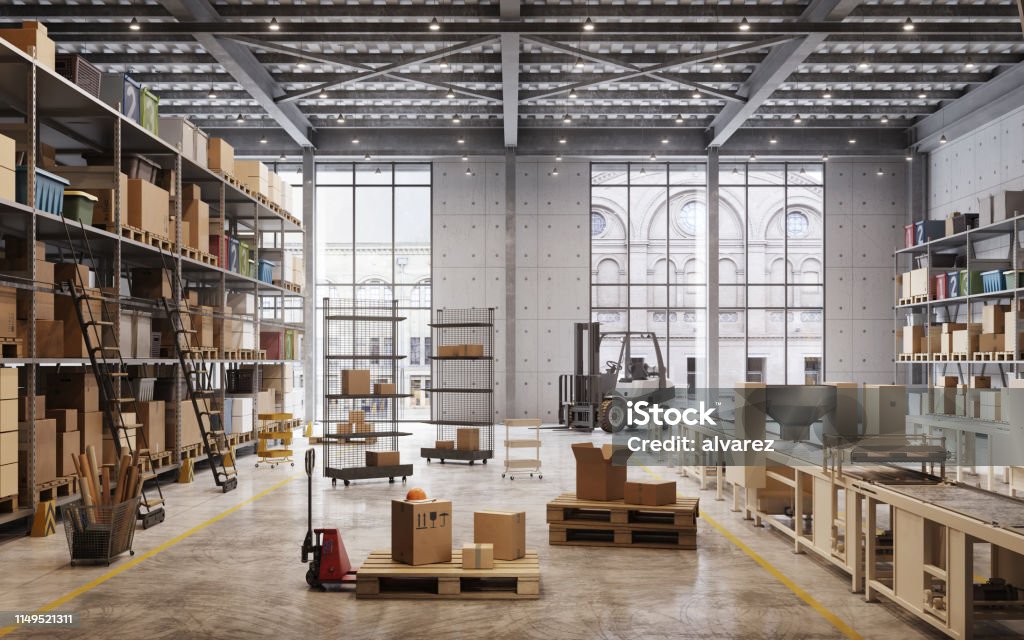 Werkslager im Inneren - Lizenzfrei Lagerhalle Stock-Foto