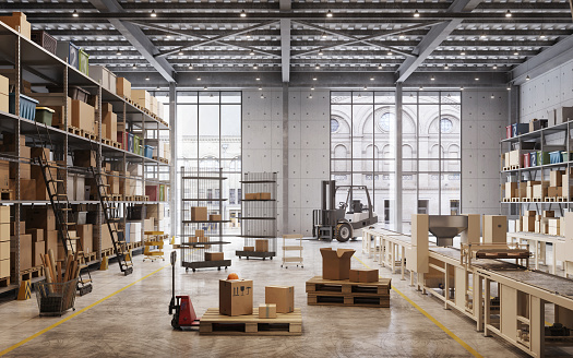 Shelves with goods boxes in modern industry warehouse store. Digitally generated image of factory warehouse interior.