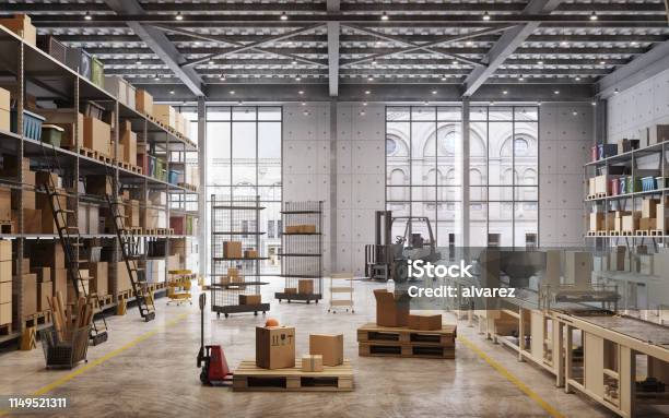Factory Warehouse Interior Stock Photo - Download Image Now - Warehouse, Factory, Freight Transportation