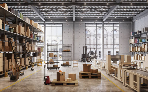 factory warehouse interior - warehouse forklift distribution warehouse merchandise imagens e fotografias de stock