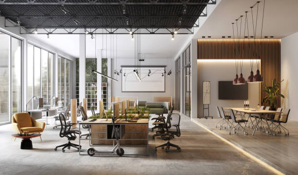 большие и современные офисные интерьеры - digitally generated image indoors lifestyles technology стоковые фото и изображения