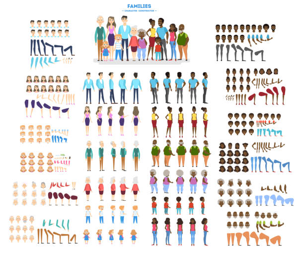 ilustrações de stock, clip art, desenhos animados e ícones de big family character set for the animation with various views, hairstyle, emotion, pose and gesture. african american mother, father and children. isolated vector illustration in cartoon style - family kids
