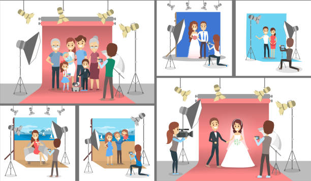 Happy family making photoshoot set Happy family making photoshoot set. Parents and children standing together. Wedding and pregnancy photos. Various equipment such as softbox and camera. Isolated flat vector illustration photo shoot stock illustrations