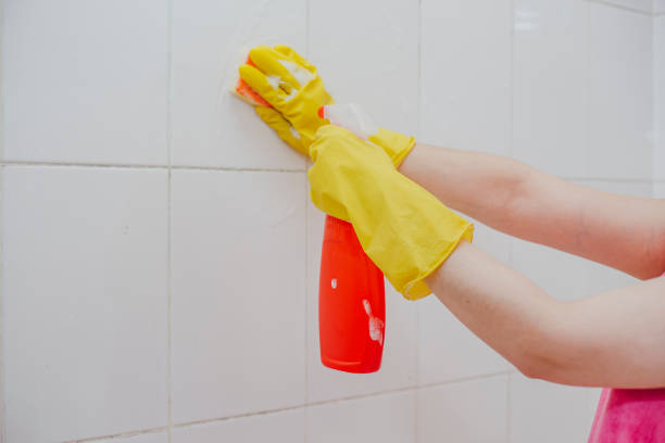 Cleaning bathroom tiles. Women washing bath walls. Housemaid cleaning up tiles of bath. Householding stock photo