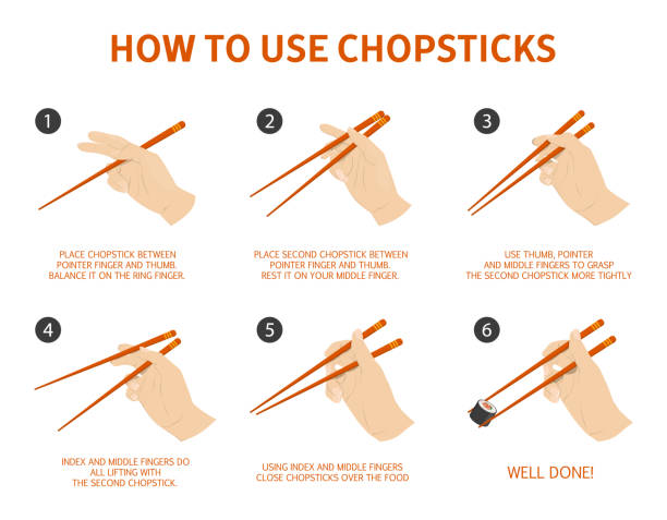 How to use chinese or japanese chopsticks vector art illustration