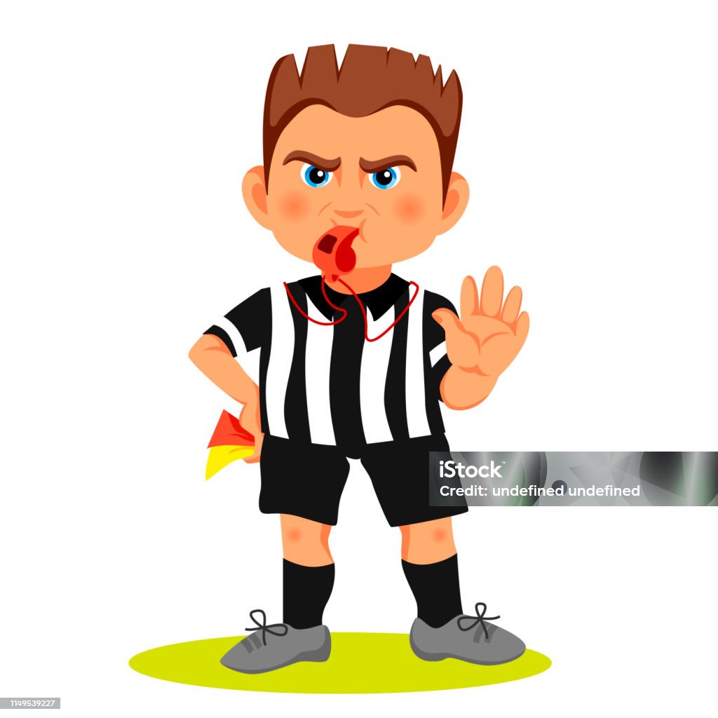 Whistling soccer referee showing red card during match, human character vector illustration. Sport cartoon design in flat style, football arbitrator with red colored paper in raised hand Judge - Sports Official stock vector
