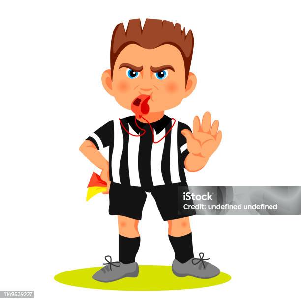 Whistling Soccer Referee Showing Red Card During Match Human Character Vector Illustration Sport Cartoon Design In Flat Style Football Arbitrator With Red Colored Paper In Raised Hand Stock Illustration - Download Image Now