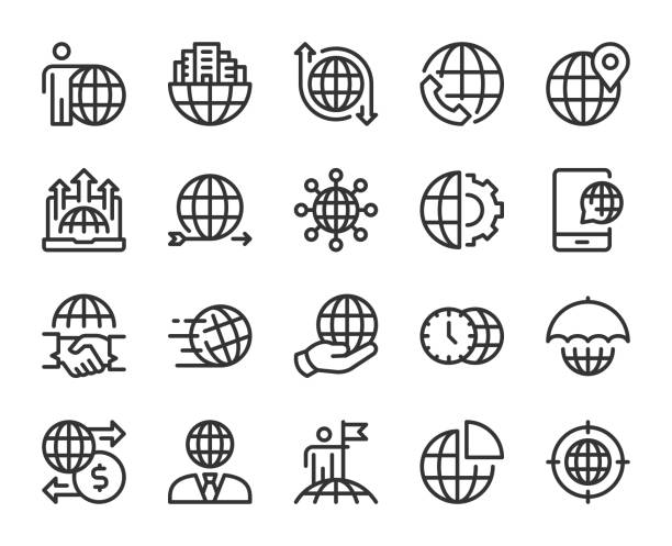 ilustrações de stock, clip art, desenhos animados e ícones de global business - line icons - direction symbol famous place targeted