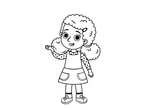 ilustrações de stock, clip art, desenhos animados e ícones de black and white illustration of an afro american girl. - computer graphic child school children small