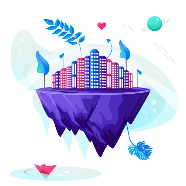 Vector illustration of Fantasy city on a windy day