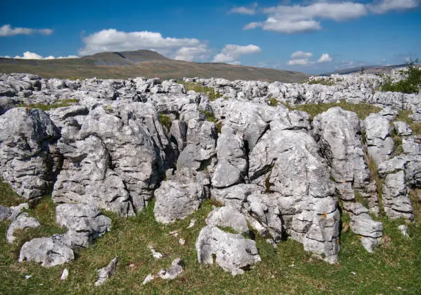 Limestone pavement - an area of limestone eroded by water - on Southerscale Scars in the Yorkshire Dales, UK, with Whernside in the background