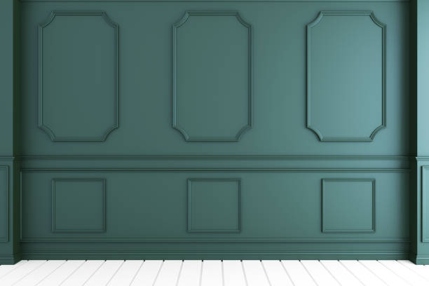 istock Empty luxury room interior with wall moulding design on white wooden floor. 3D rendering 1149560778