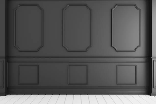 istock Empty luxury room interior with wall moulding design on white wooden floor. 3D rendering 1149561303