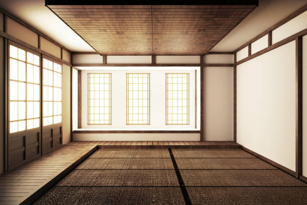 istock Japanese display Room interior, wooden flooring on light White background. 3D rendering 1149561448