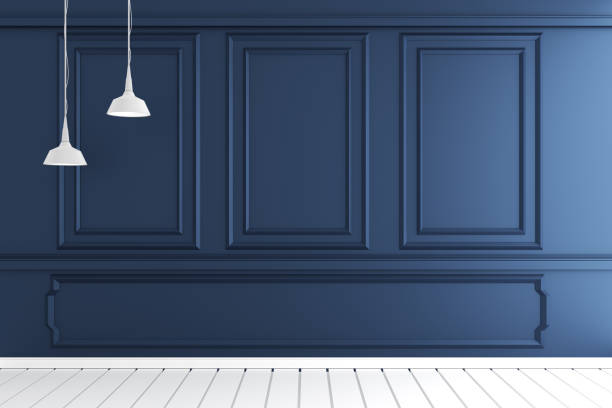 istock Empty luxury room interior with wall moulding design on white wooden floor. 3D rendering 1149561586