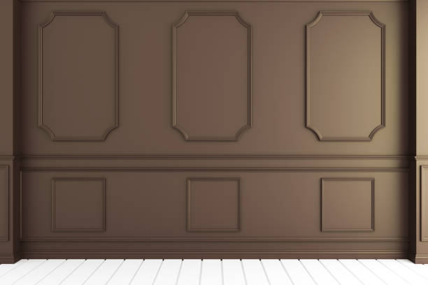 istock Empty luxury room interior with wall moulding design on white wooden floor. 3D rendering 1149561698