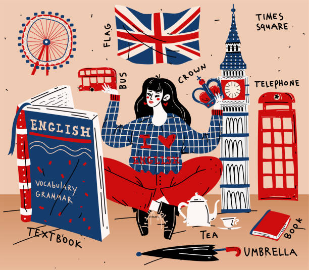 ilustraciones, imágenes clip art, dibujos animados e iconos de stock de joven mujer estudiante aprendiendo inglés. educación, lengua extranjera - usa england