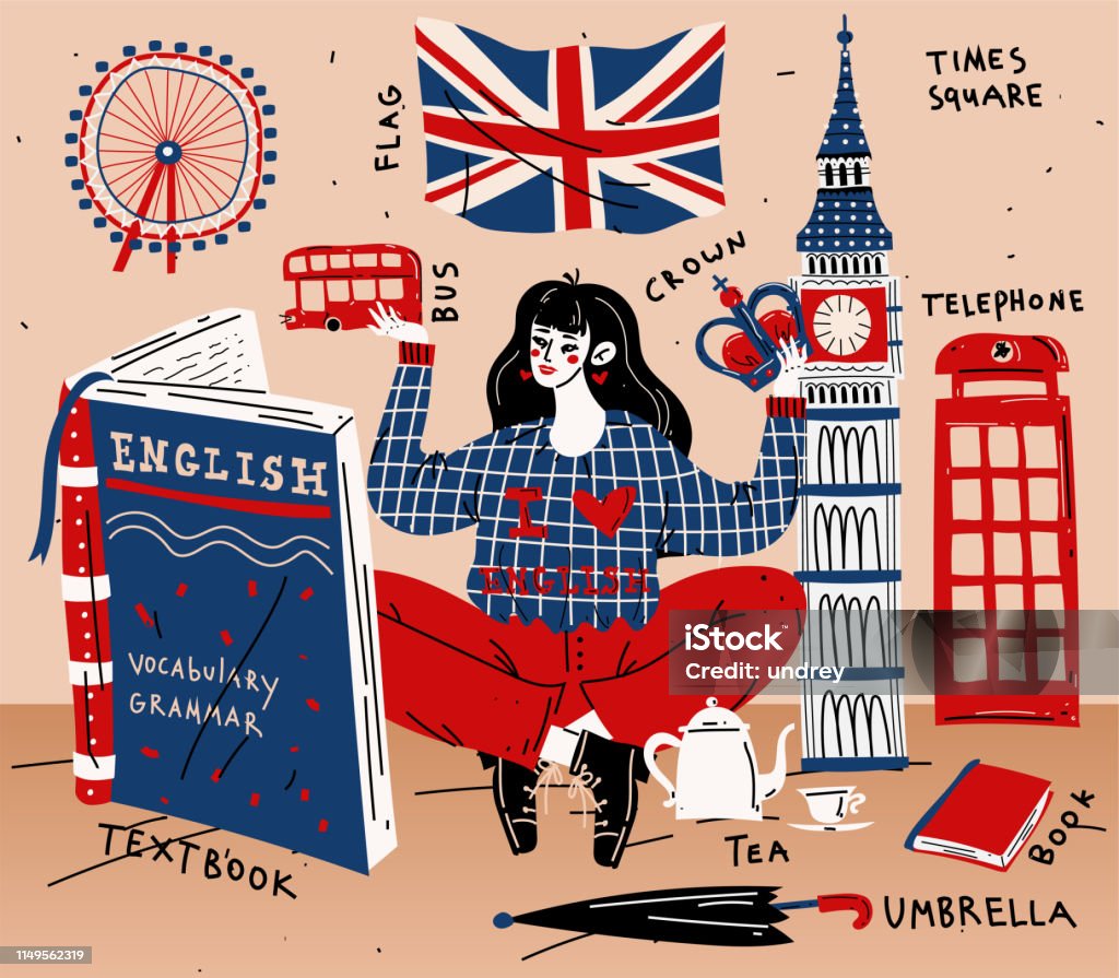 Genç kadın kız öğrenci İngilizce öğrenme. Eğitim, yabancı dil - Royalty-free İngiltere Vector Art