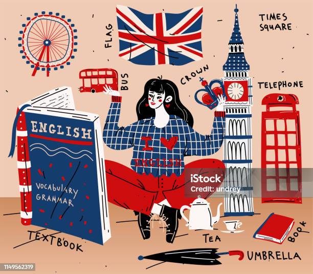 Genç Kadın Kız Öğrenci İngilizce Öğrenme Eğitim Yabancı Dil Stok Vektör Sanatı & İngiltere‘nin Daha Fazla Görseli
