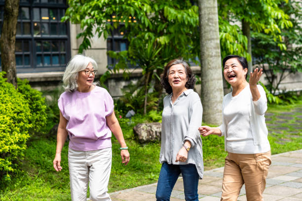 istock Three elderly Asian women walking in the park 1149567412