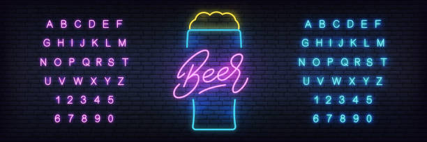 illustrations, cliparts, dessins animés et icônes de modèle de bière fluo. signe lumineux de bière lettrage pour bar, pub, restaurant, club - beer from a to z