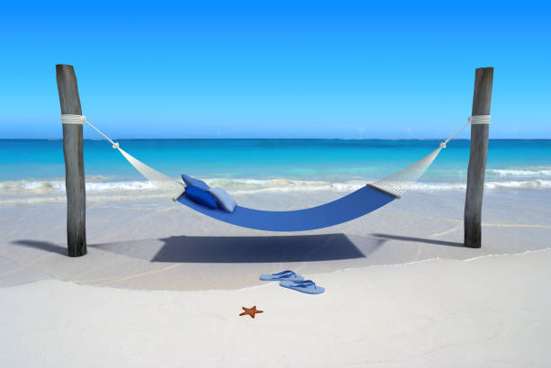 Perfect vacation, blue Hanging hammock in a tropical beach flip flop sandal beach isolated stock pictures, royalty-free photos & images