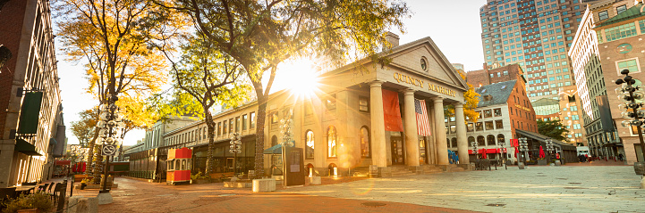 Morning view of Quincy Market along the Freedom Trail across from the Great Hall of Faneuil Square in Boston Massachusetts USA