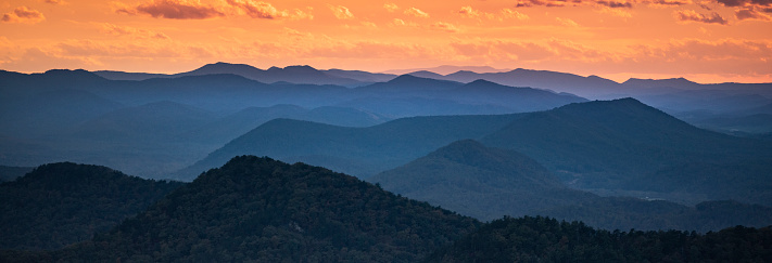 Tree covered hills of the Blue Ridge Mountains in North Carolina USA