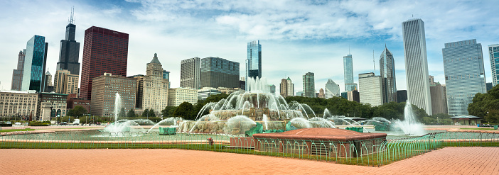 Chicago cityscape from the Clarence Buckingham Memorial Fountain in Illinois USA