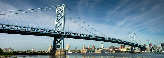 Benjamin Franklin Bridge over the Delaware River linking Camden, New Jersey to Philadelphia, Pennsylvania USA