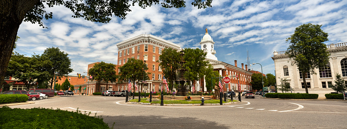 Memorial Square and the Franklin County Courthouse in downtown Chambersburg, Pennsylvania USA