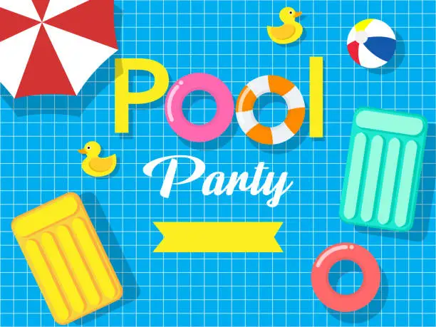 Vector illustration of Pool party invitation card template on swimming pool background - Vector illustration