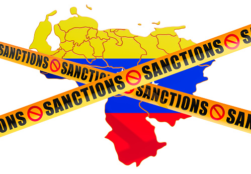 Sanctions concept with map of Venezuela, 3D rendering isolated on white background