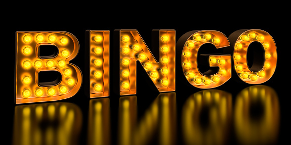 Bingo signboard from golden light bulb letters, retro glowing font. 3D rendering