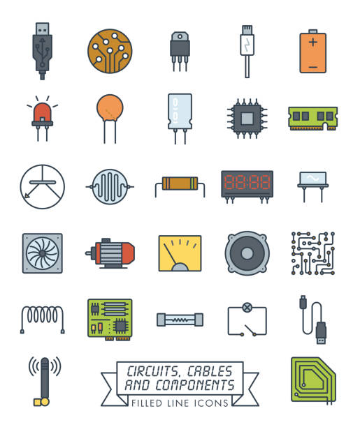 전자 부품 채워진 라인 아이콘 벡터 세트 - oscillator stock illustrations