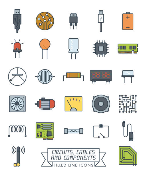 komponenty elektroniczne wypełnione ikony linii zestaw wektora - oscillator stock illustrations