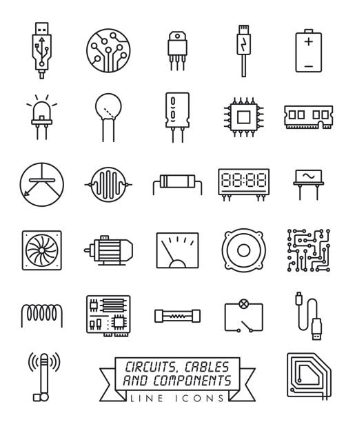 ilustraciones, imágenes clip art, dibujos animados e iconos de stock de iconos de línea de componentes electrónicos conjunto de vectores - usb cable audio