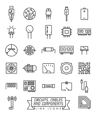Collection of electronic components, circuits and cables vector line icons. Microtechnology symbols.