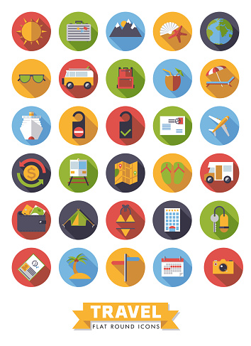 Set of 30 flat design long shadow round travel and vacation vector icons